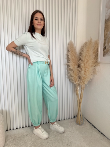 Dámské mint elegantní kalhoty Claire dole na gumu s opaskem
