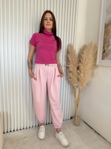 Dámské růžové elegantní kalhoty Claire dole na gumu s opaskem