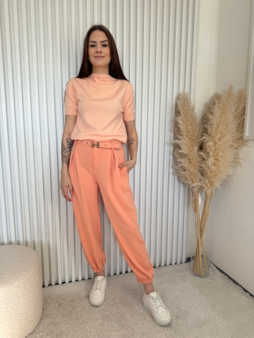 Dámské oranžové elegantní kalhoty Claire dole na gumu s opaskem