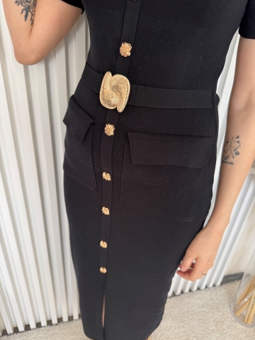 Dámské dlouhé černé elastické šaty Nina s kapsami a ozdobnou vázačkou v pase