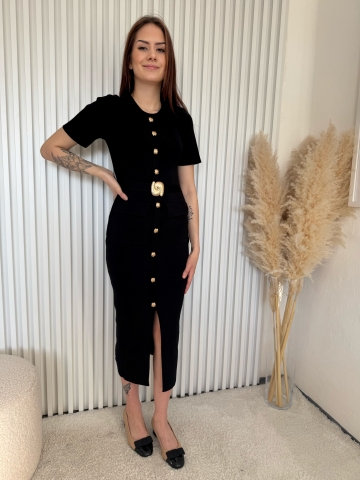 Dámské dlouhé černé elastické šaty Nina s kapsami a ozdobnou vázačkou v pase