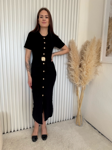 Dámské dlouhé černé elastické šaty Nina s kapsami a ozdobnou vázačkou v pase