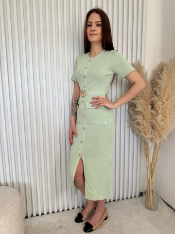 Dámské dlouhé mint elastické šaty Nina s kapsami a ozdobnou vázačkou v pase