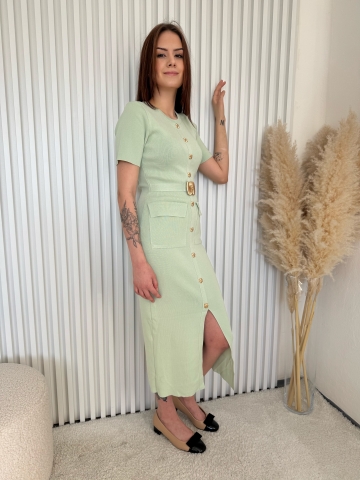 Dámské dlouhé mint elastické šaty Nina s kapsami a ozdobnou vázačkou v pase