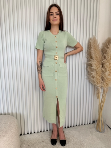 Dámské dlouhé mint elastické šaty Nina s kapsami a ozdobnou vázačkou v pase