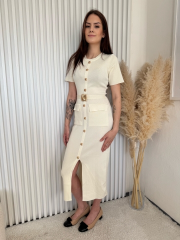 Dámské dlouhé smetanové elastické šaty Nina s kapsami a ozdobnou vázačkou v pase