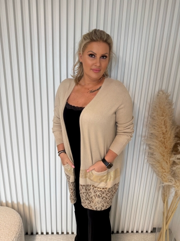 Dámský delší béžový kardigan Milli se zlatým potiskem