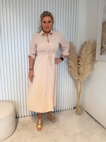 Dámské dlouhé béžové košilové šaty Lada s broží a opaskem