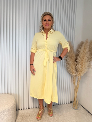 Dámské dlouhé žluté košilové šaty Lada s broží a opaskem