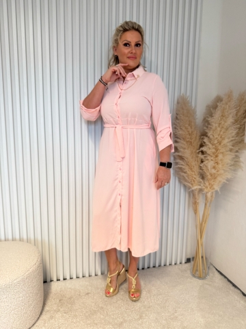 Dámské dlouhé růžové košilové šaty Lada s broží a opaskem
