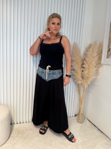 Dámská dlouhá černá tepláková sukně Kitty v kombinaci s riflovinou