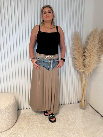 Dámská dlouhá hnědá tepláková sukně Kitty v kombinaci s riflovinou