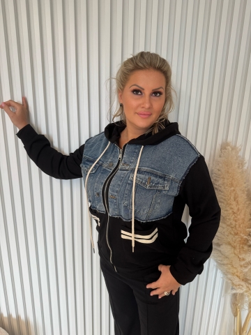 Dámská mikinová bunda černá v kombinaci s riflovinou a kapucí Leila