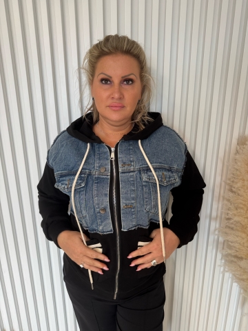 Dámská mikinová bunda černá v kombinaci s riflovinou a kapucí Leila