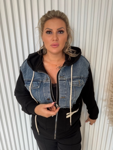 Dámská mikinová bunda černá v kombinaci s riflovinou a kapucí Leila