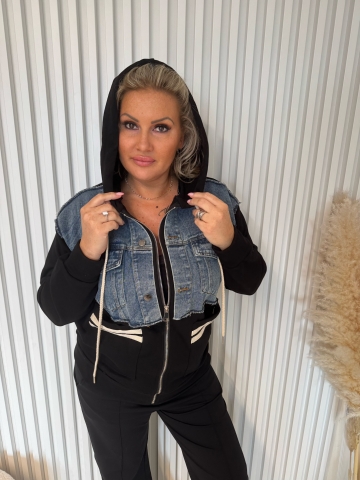 Dámská mikinová bunda černá v kombinaci s riflovinou a kapucí Leila