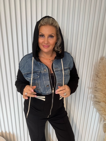 Dámská mikinová bunda černá v kombinaci s riflovinou a kapucí Leila