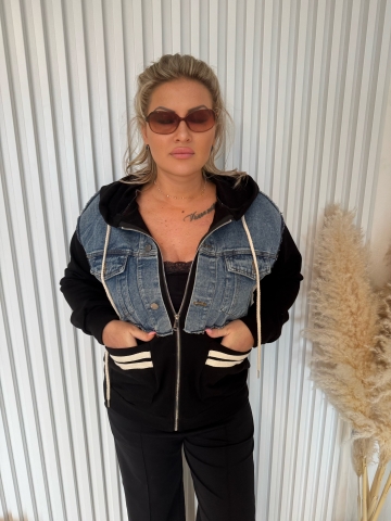 Dámská mikinová bunda černá v kombinaci s riflovinou a kapucí Leila