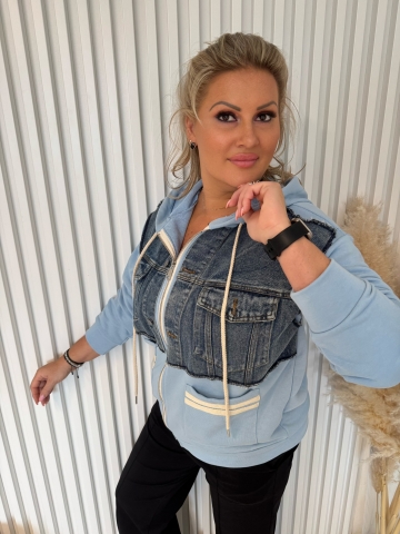 Dámská mikinová bunda modrá v kombinaci s riflovinou a kapucí Leila