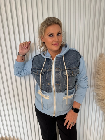 Dámská mikinová bunda modrá v kombinaci s riflovinou a kapucí Leila