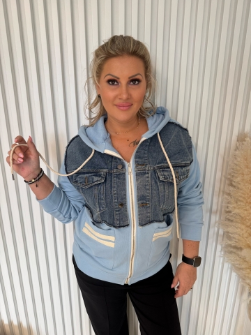 Dámská mikinová bunda modrá v kombinaci s riflovinou a kapucí Leila