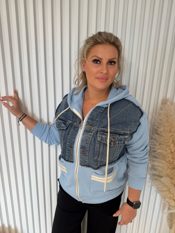 Dámská mikinová bunda modrá v kombinaci s riflovinou a kapucí Leila