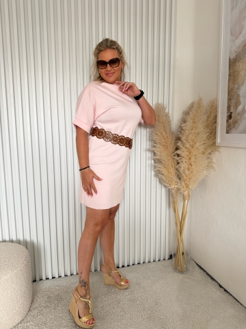 Dámské růžové šaty Duha s krátkým rukávem a opaskem