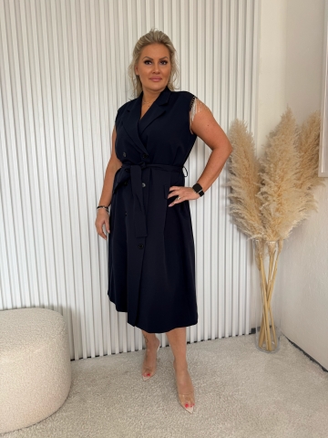 Dámské dlouhé modré košilové šaty Moon se štrasovými kamínky a opaskem