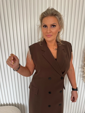 Dámské dlouhé hnědé košilové šaty Moon se štrasovými kamínky a opaskem