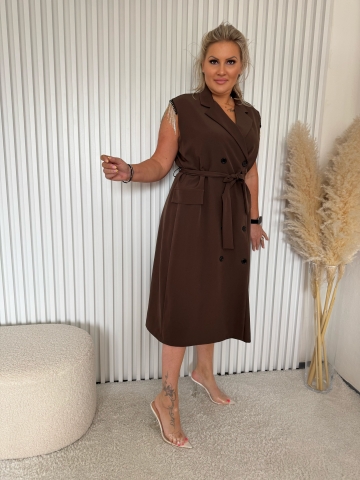 Dámské dlouhé hnědé košilové šaty Moon se štrasovými kamínky a opaskem