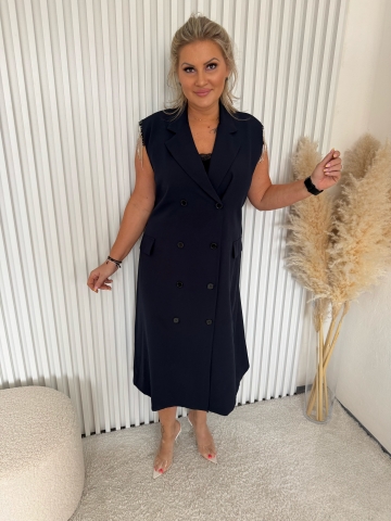 Dámské dlouhé modré košilové šaty Moon se štrasovými kamínky a opaskem