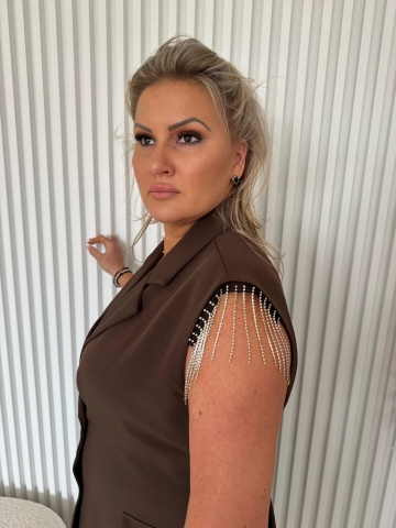 Dámské dlouhé hnědé košilové šaty Moon se štrasovými kamínky a opaskem