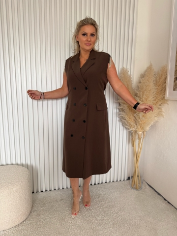 Dámské dlouhé hnědé košilové šaty Moon se štrasovými kamínky a opaskem