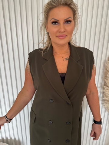 Dámské dlouhé zelené košilové šaty Moon se štrasovými kamínky a opaskem