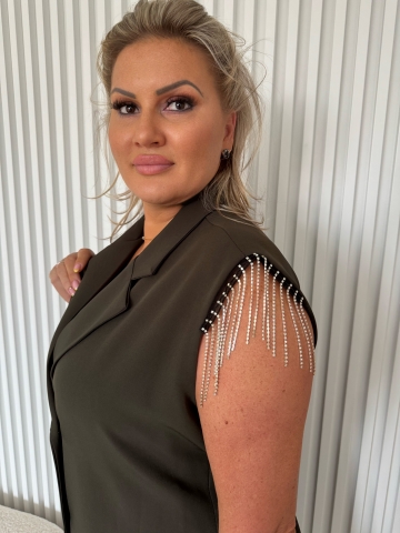 Dámské dlouhé zelené košilové šaty Moon se štrasovými kamínky a opaskem