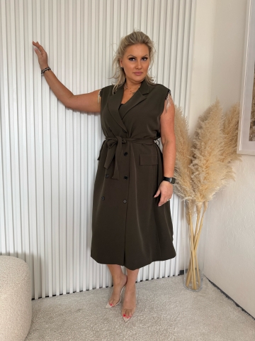 Dámské dlouhé zelené košilové šaty Moon se štrasovými kamínky a opaskem