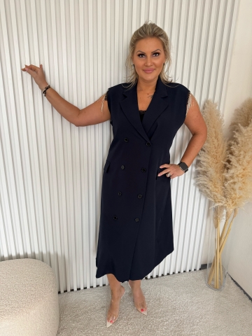 Dámské dlouhé modré košilové šaty Moon se štrasovými kamínky a opaskem