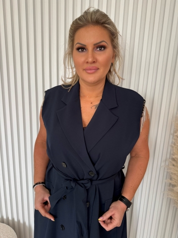 Dámské dlouhé modré košilové šaty Moon se štrasovými kamínky a opaskem