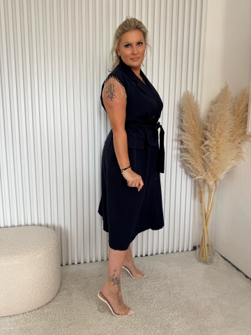 Dámské dlouhé modré košilové šaty Moon se štrasovými kamínky a opaskem