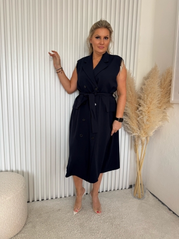 Dámské dlouhé modré košilové šaty Moon se štrasovými kamínky a opaskem