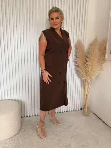 Dámské dlouhé hnědé košilové šaty Moon se štrasovými kamínky a opaskem