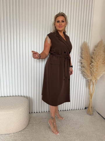 Dámské dlouhé hnědé košilové šaty Moon se štrasovými kamínky a opaskem