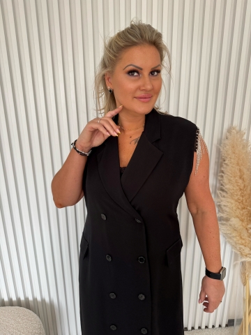 Dámské dlouhé černé košilové šaty Moon se štrasovými kamínky a opaskem