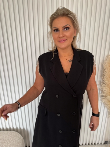 Dámské dlouhé černé košilové šaty Moon se štrasovými kamínky a opaskem