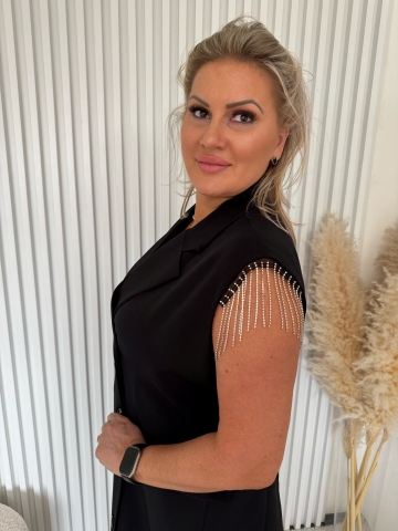 Dámské dlouhé černé košilové šaty Moon se štrasovými kamínky a opaskem