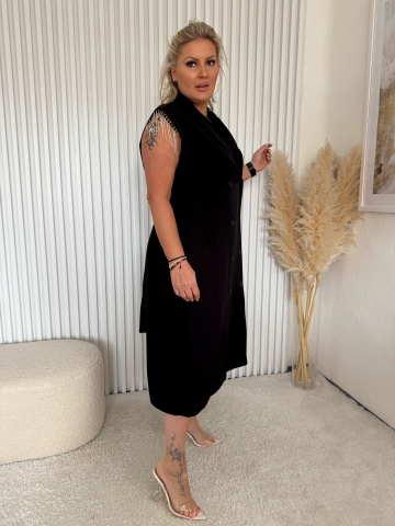 Dámské dlouhé černé košilové šaty Moon se štrasovými kamínky a opaskem