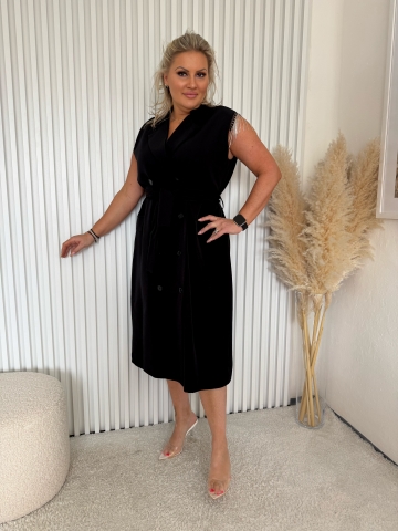 Dámské dlouhé černé košilové šaty Moon se štrasovými kamínky a opaskem