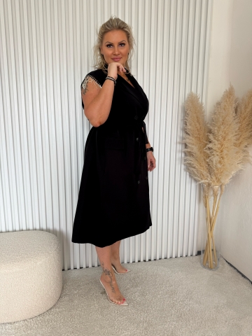 Dámské dlouhé černé košilové šaty Moon se štrasovými kamínky a opaskem