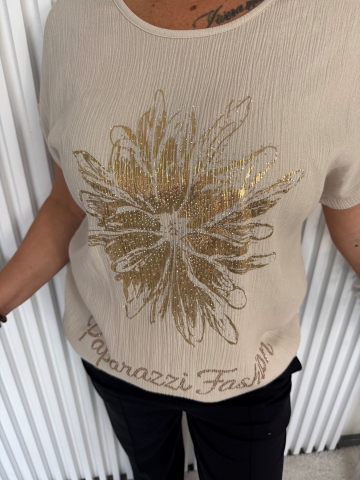 Dámská béžová halenka Flow Paparazzi Fashion  s aplikací květiny