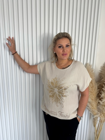 Dámská béžová halenka Flow Paparazzi Fashion  s aplikací květiny